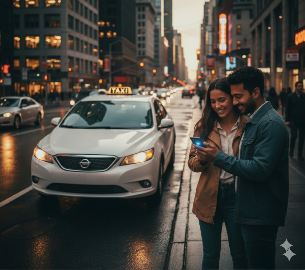 A modern cab on a city street at dusk